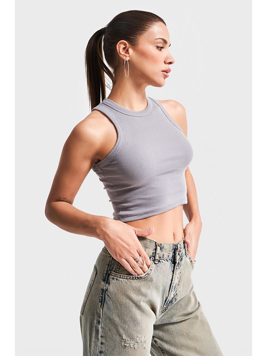 Kadın Antrasit Renk s5-12 Halter Yaka Esnek Kaşkorse Kumaş Crop Top Body-3