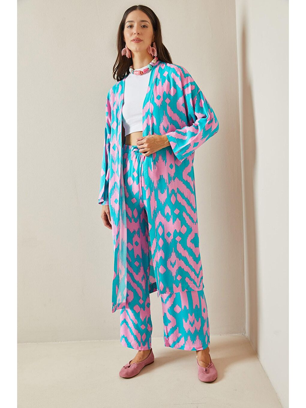 XHAN Turkuaz Desenli Kimono Takım 5YXK8-48668-13 - 1