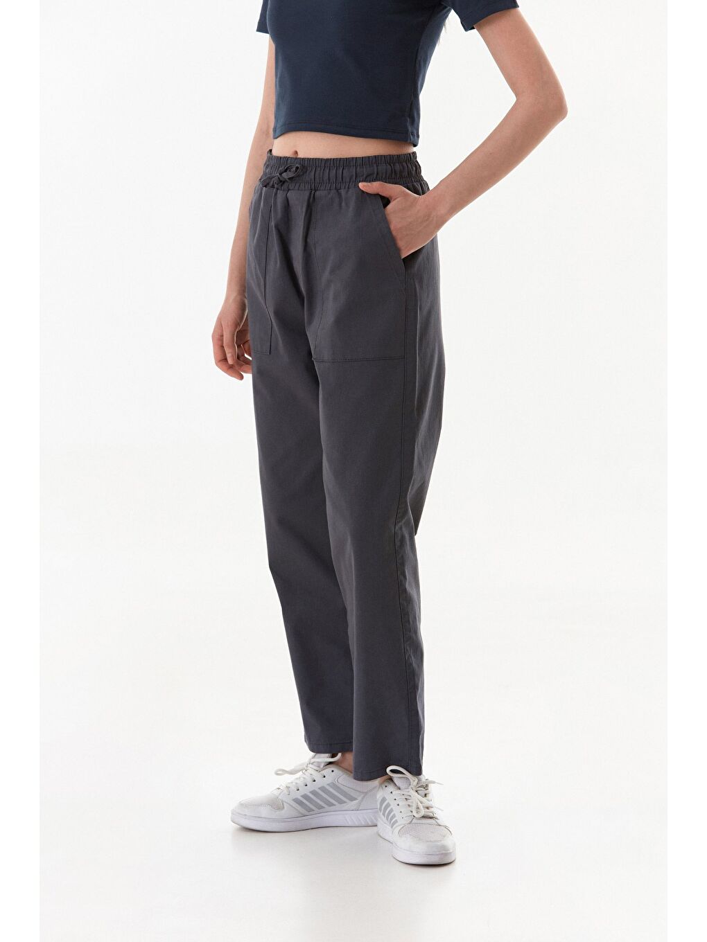 Gri Beli Lastikli Gabardin Pantolon-1