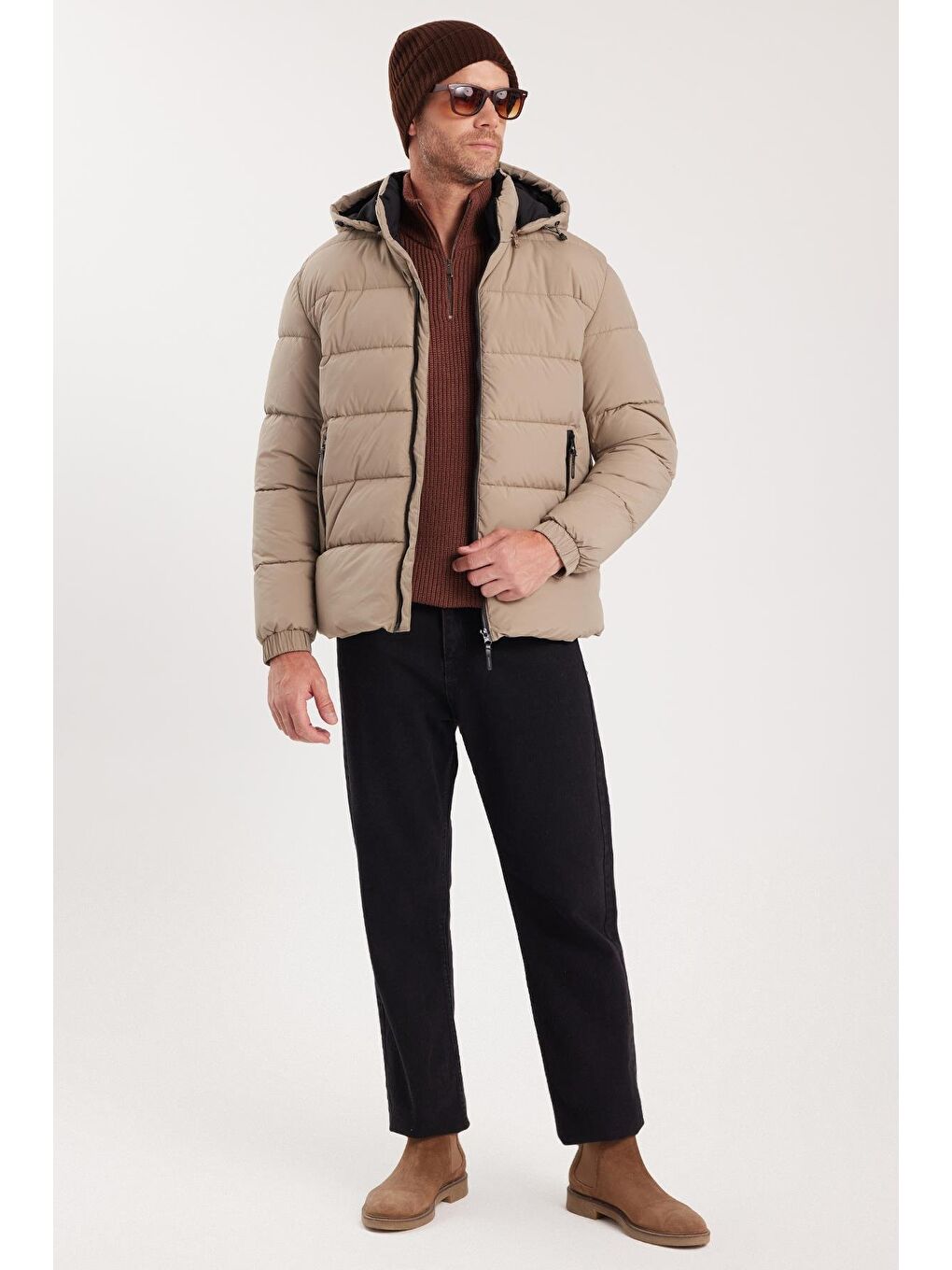 Bej Erkek Relax Fit Rahat Kesim Çift Cepli Çıkarılabilir Kapüşonlu Sıcak Tutan Kum Rengi Şişme Mont-4