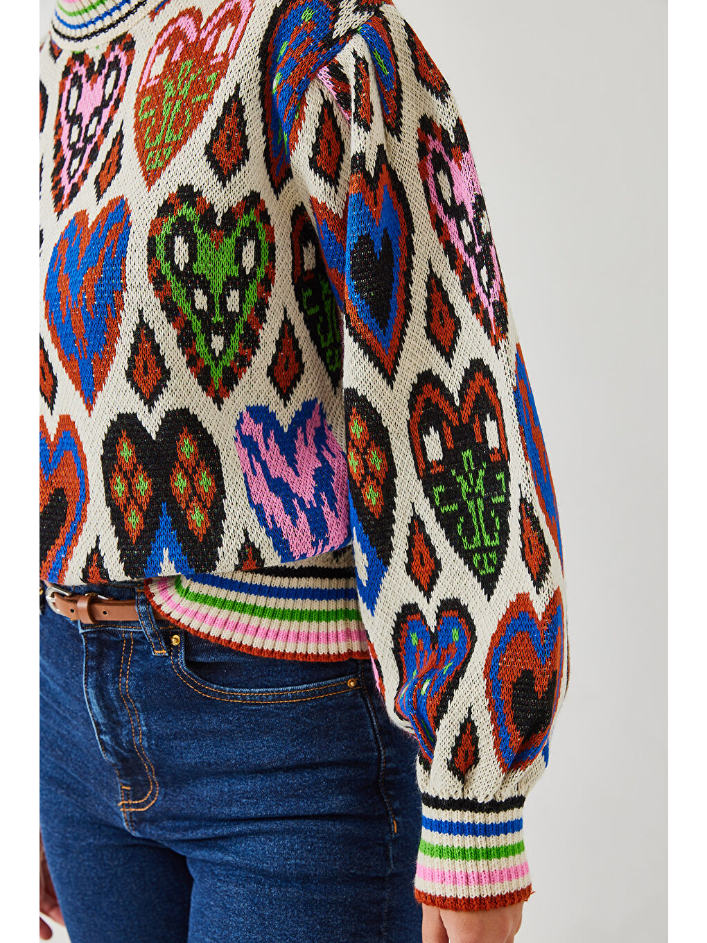 Karışık Kadın Jakarlı Kalpli Kazak-1