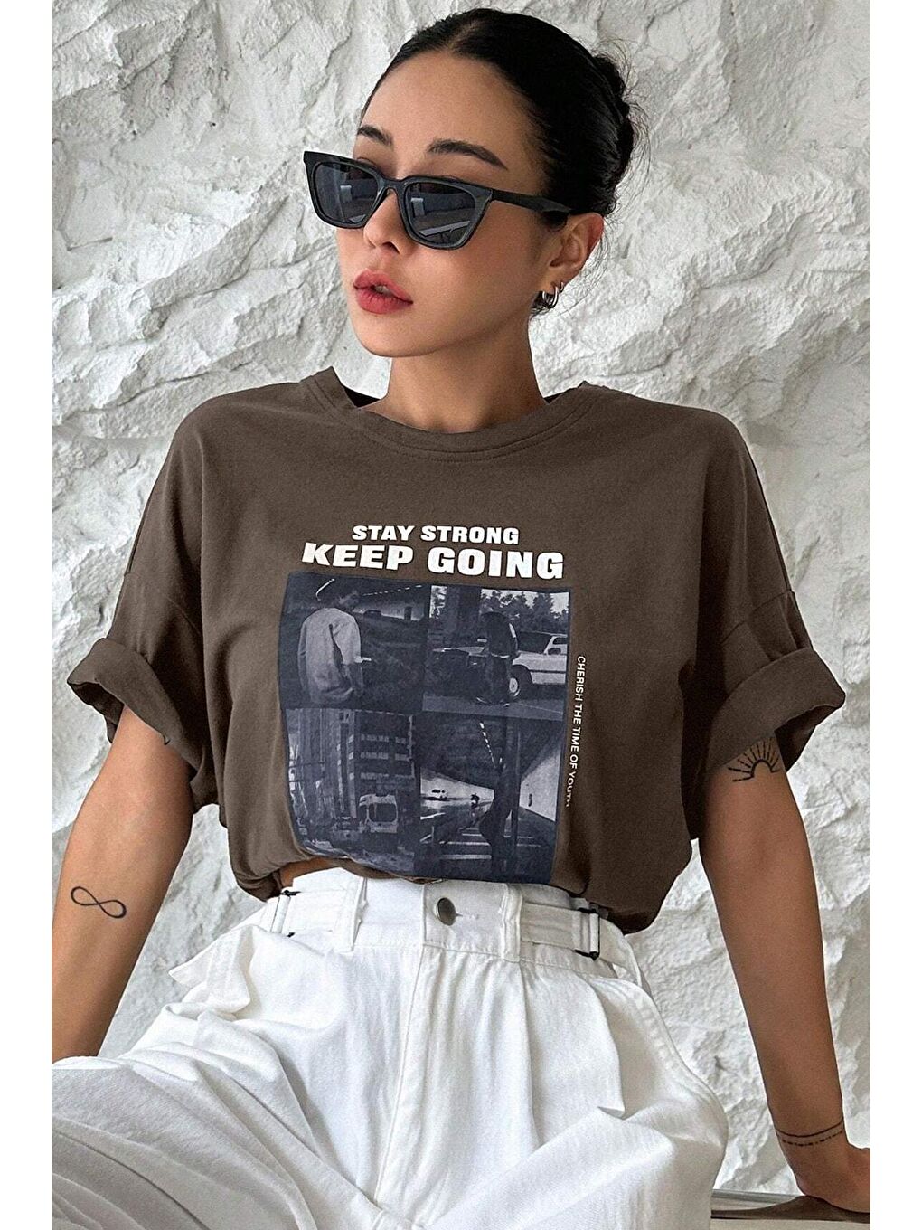 uyguntarz Kahverengi Unisex KeepGoing Baskılı Tasarım Tshirt - 2