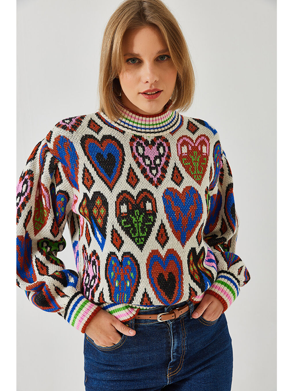 Karışık Kadın Jakarlı Kalpli Kazak-4