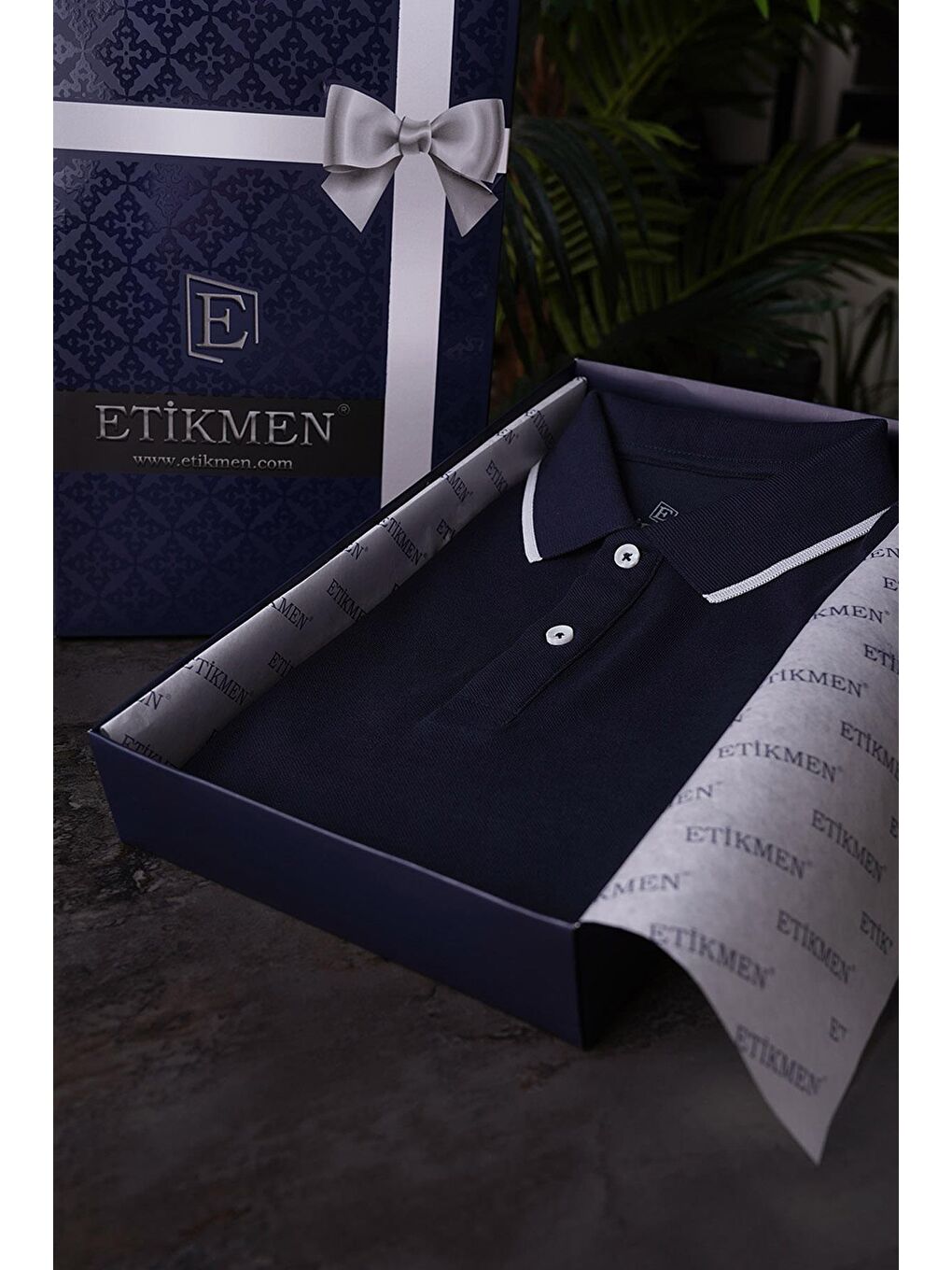 Lacivert Gri Yaka Çizgili Erkek Polo Yaka %100 Pamuk Tişört-3