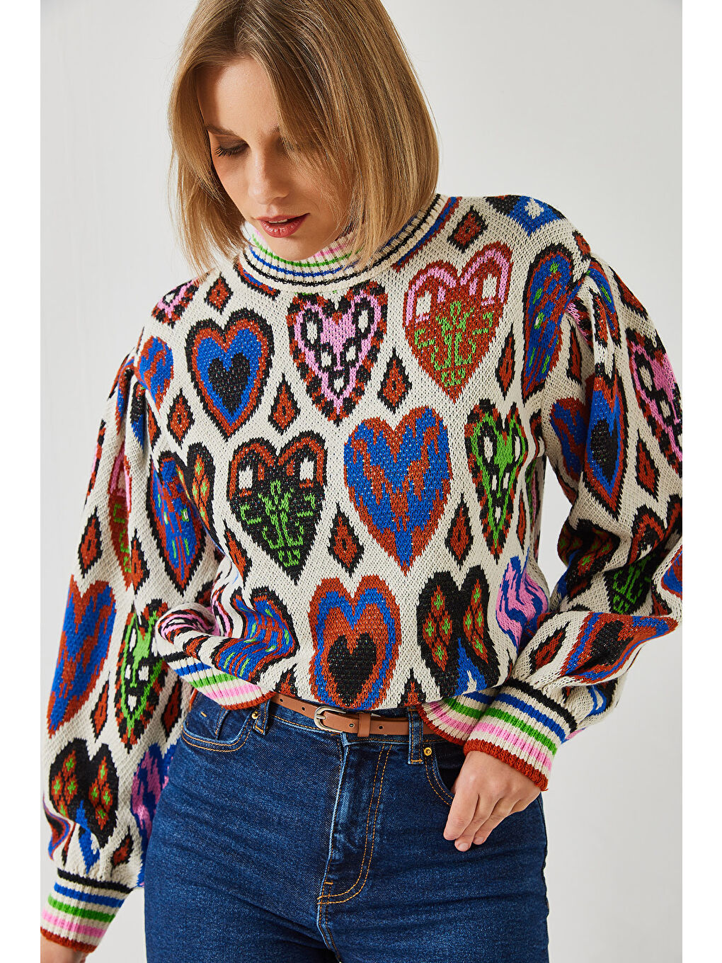 Karışık Kadın Jakarlı Kalpli Kazak-5