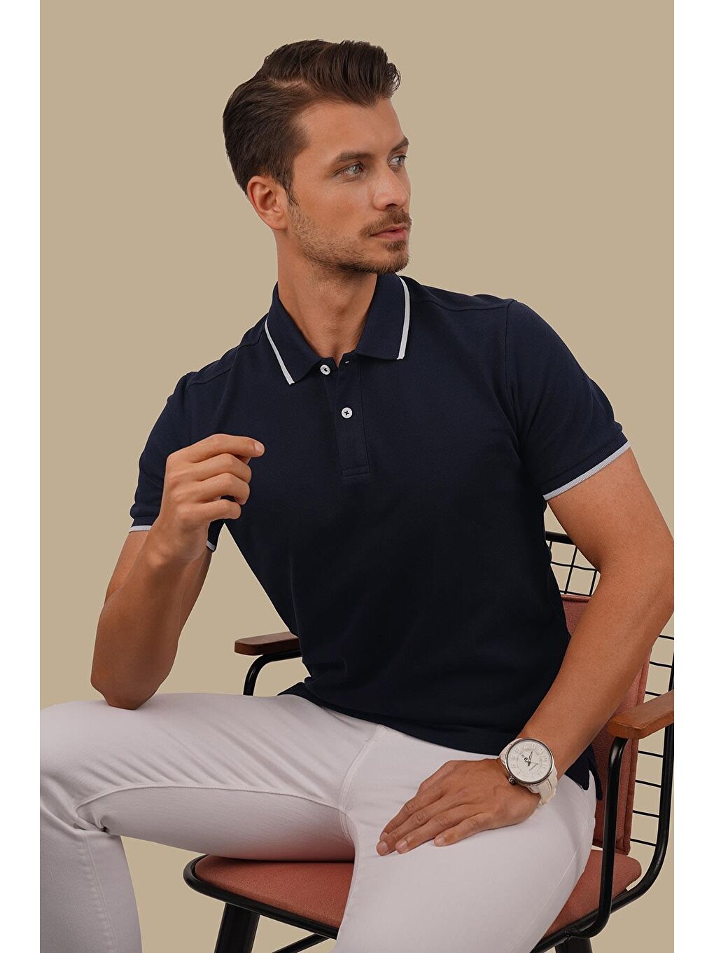 Lacivert Gri Yaka Çizgili Erkek Polo Yaka %100 Pamuk Tişört-6