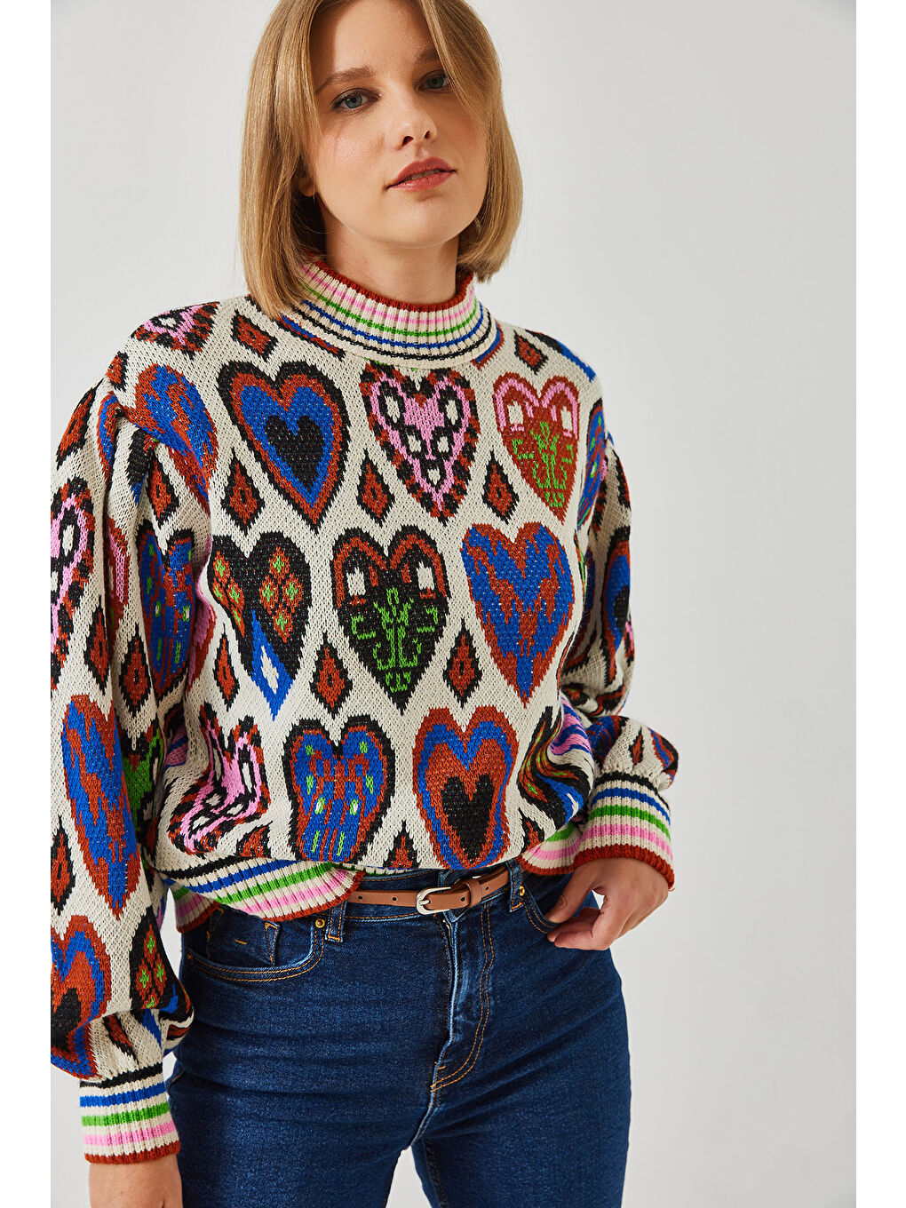 Karışık Kadın Jakarlı Kalpli Kazak-6