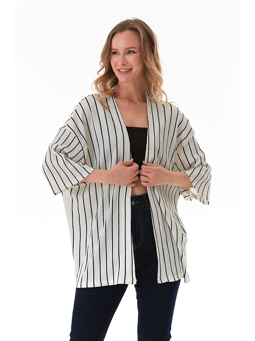 Ekru Çizgili Bürümcük Kumaş Kimono