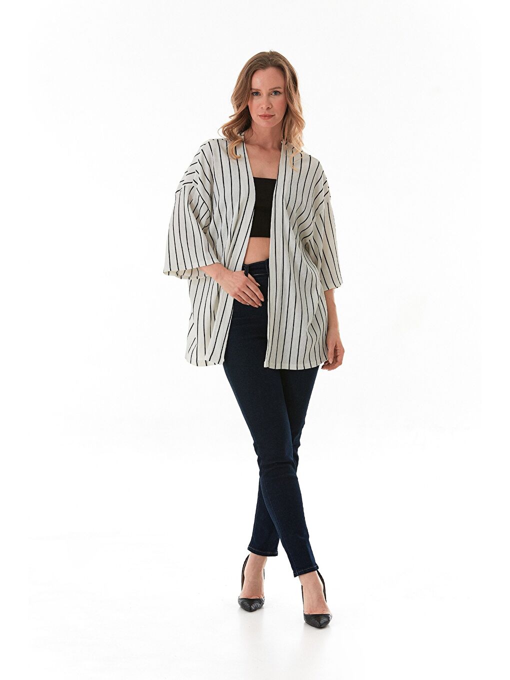 Ekru Çizgili Bürümcük Kumaş Kimono-1