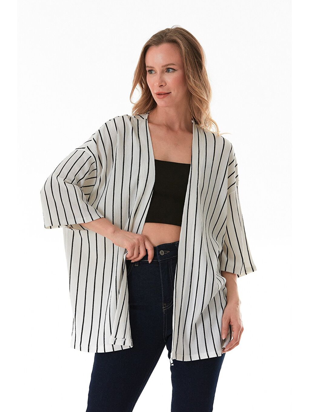 Ekru Çizgili Bürümcük Kumaş Kimono-2