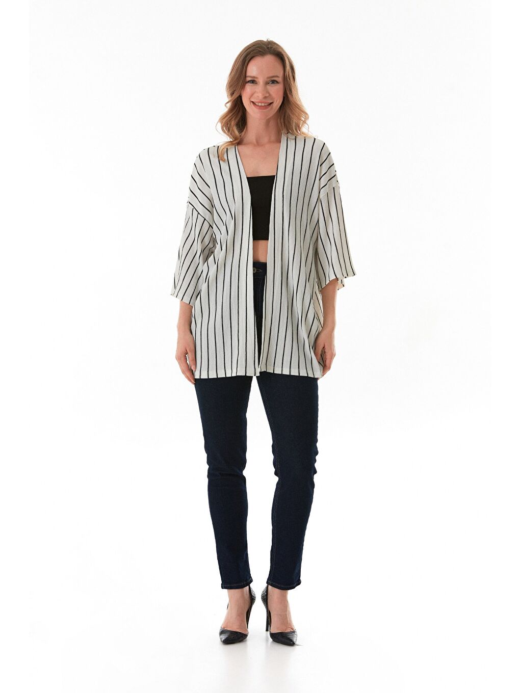 Ekru Çizgili Bürümcük Kumaş Kimono-3