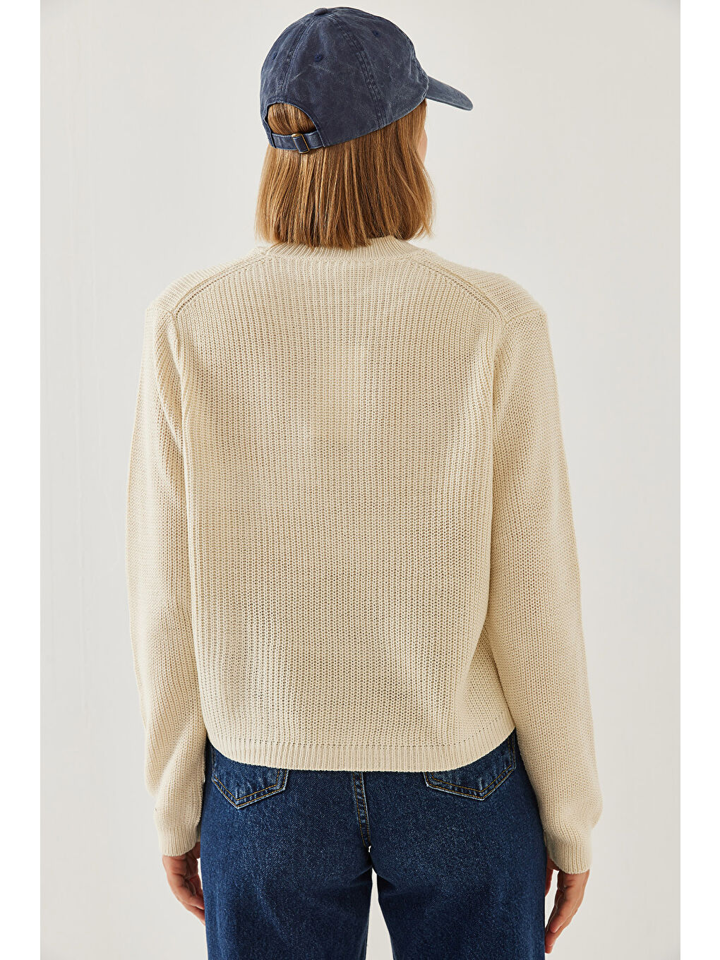 Ekru Kadın Bisiklet Yaka Nakışlı Selanik Triko Kazak-4