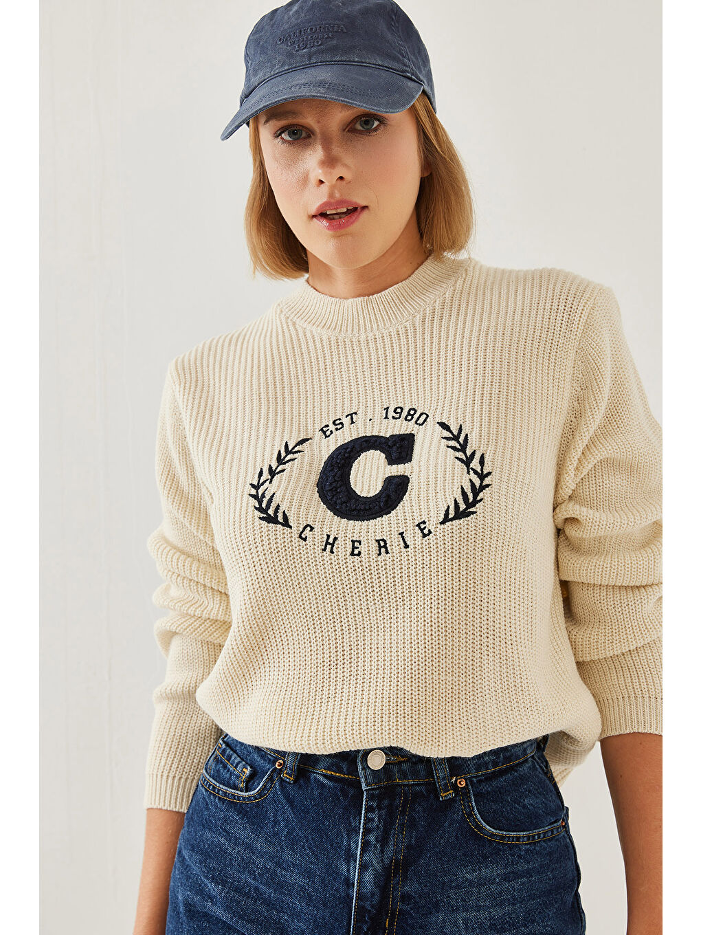 Ekru Kadın Bisiklet Yaka Nakışlı Selanik Triko Kazak-5