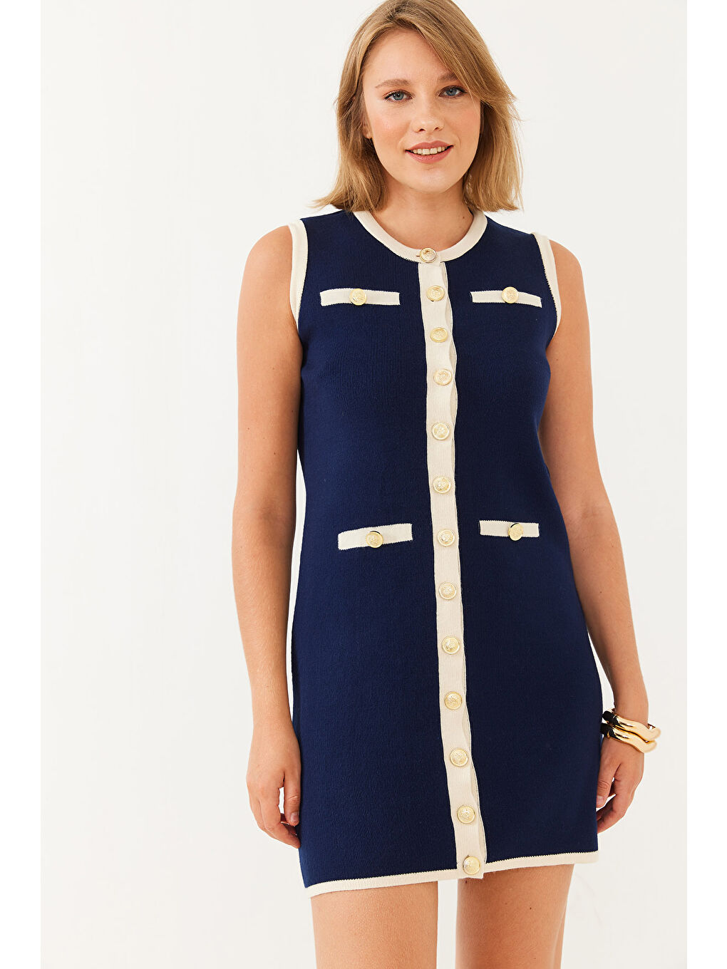 Lacivert Kadın Sıfır Kol Düğme ve Cep Detaylı Triko Mini Elbise-1