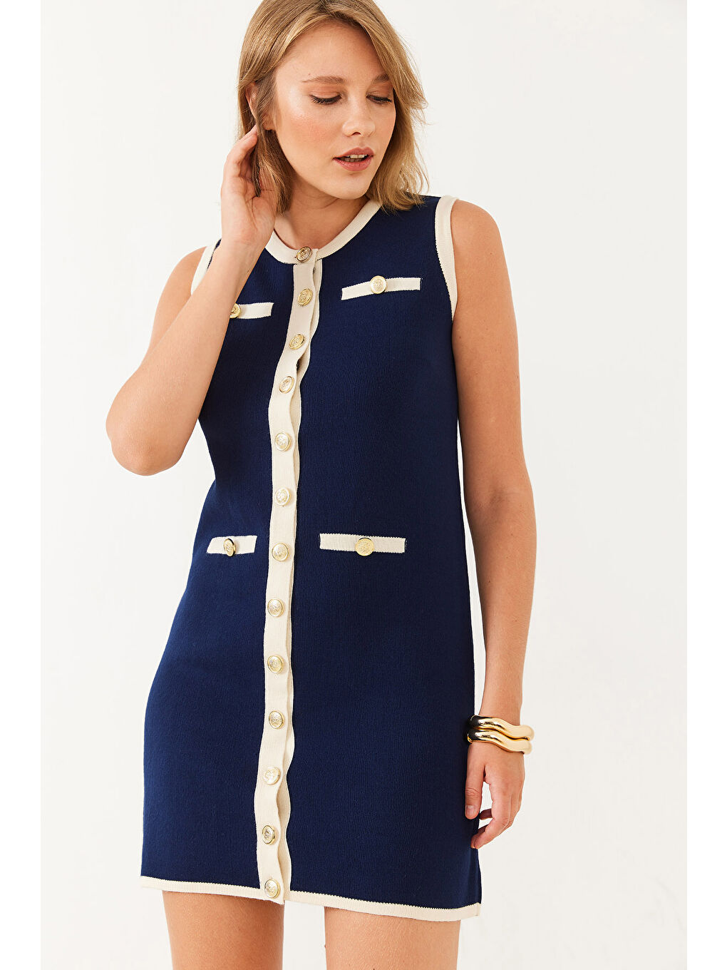 Lacivert Kadın Sıfır Kol Düğme ve Cep Detaylı Triko Mini Elbise-2
