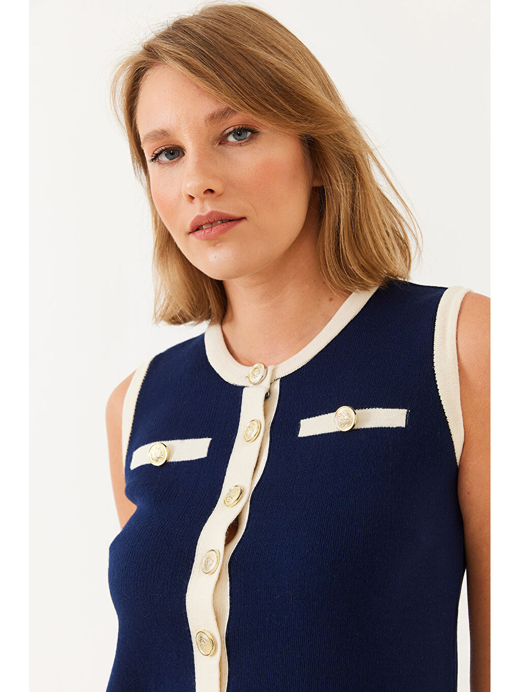 Lacivert Kadın Sıfır Kol Düğme ve Cep Detaylı Triko Mini Elbise-3