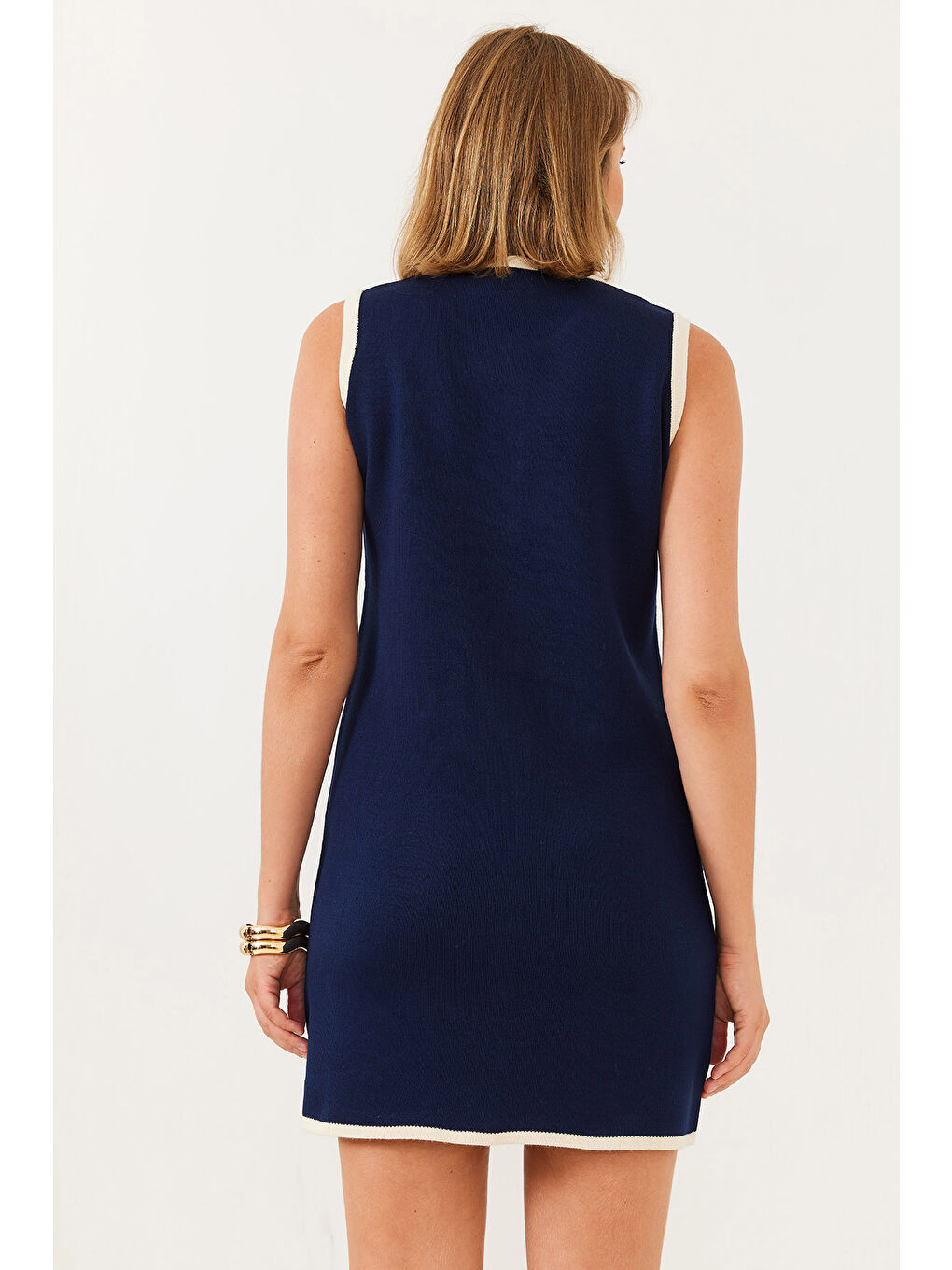 Lacivert Kadın Sıfır Kol Düğme ve Cep Detaylı Triko Mini Elbise-4