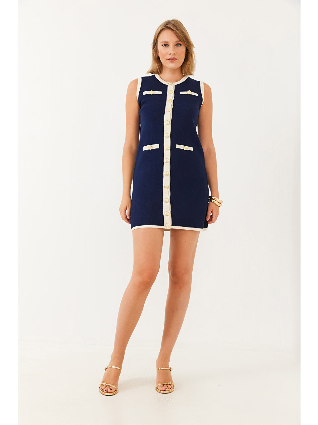 Lacivert Kadın Sıfır Kol Düğme ve Cep Detaylı Triko Mini Elbise-5