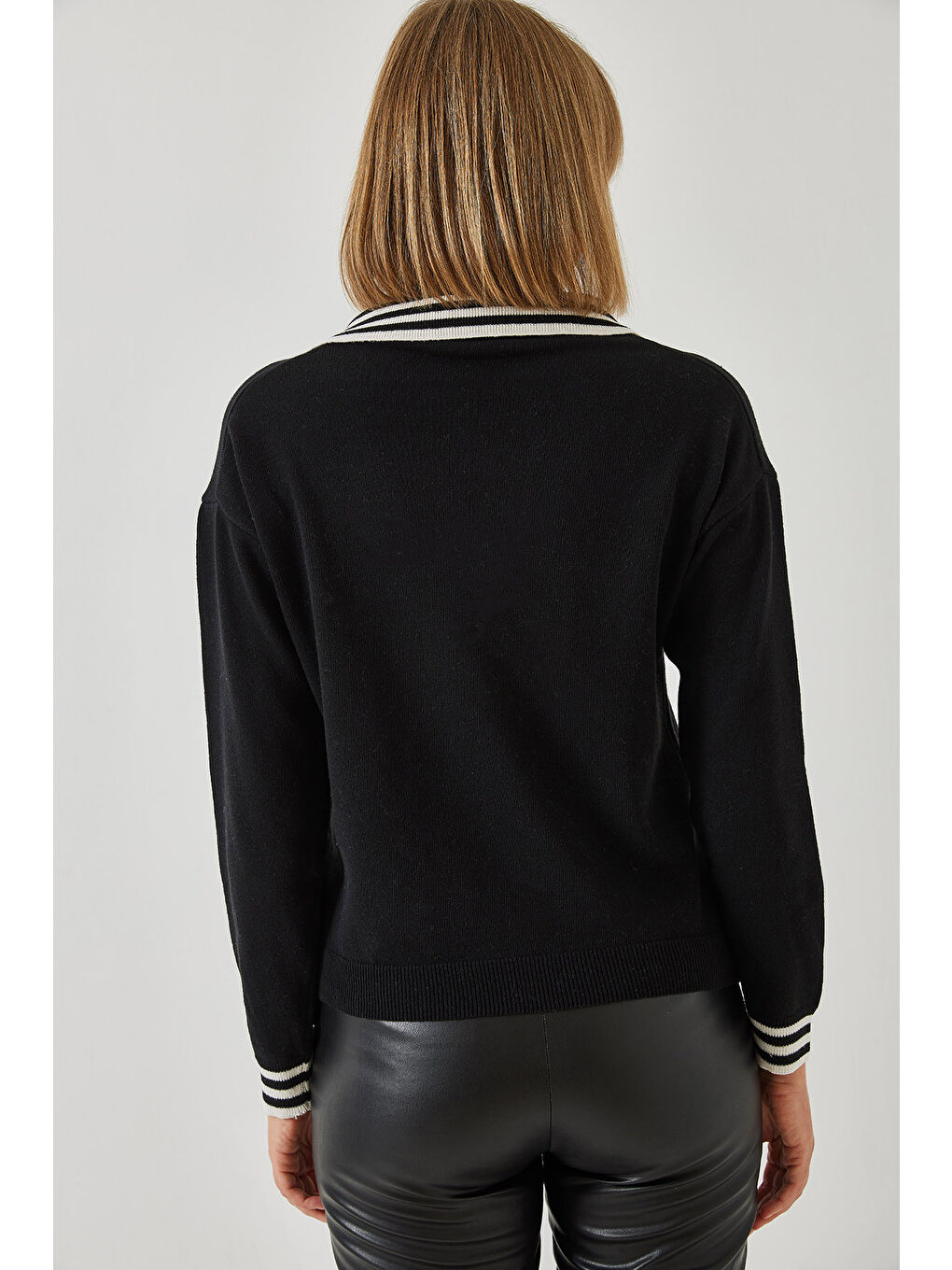 Siyah Kadın Polo Yaka Triko Kazak-2