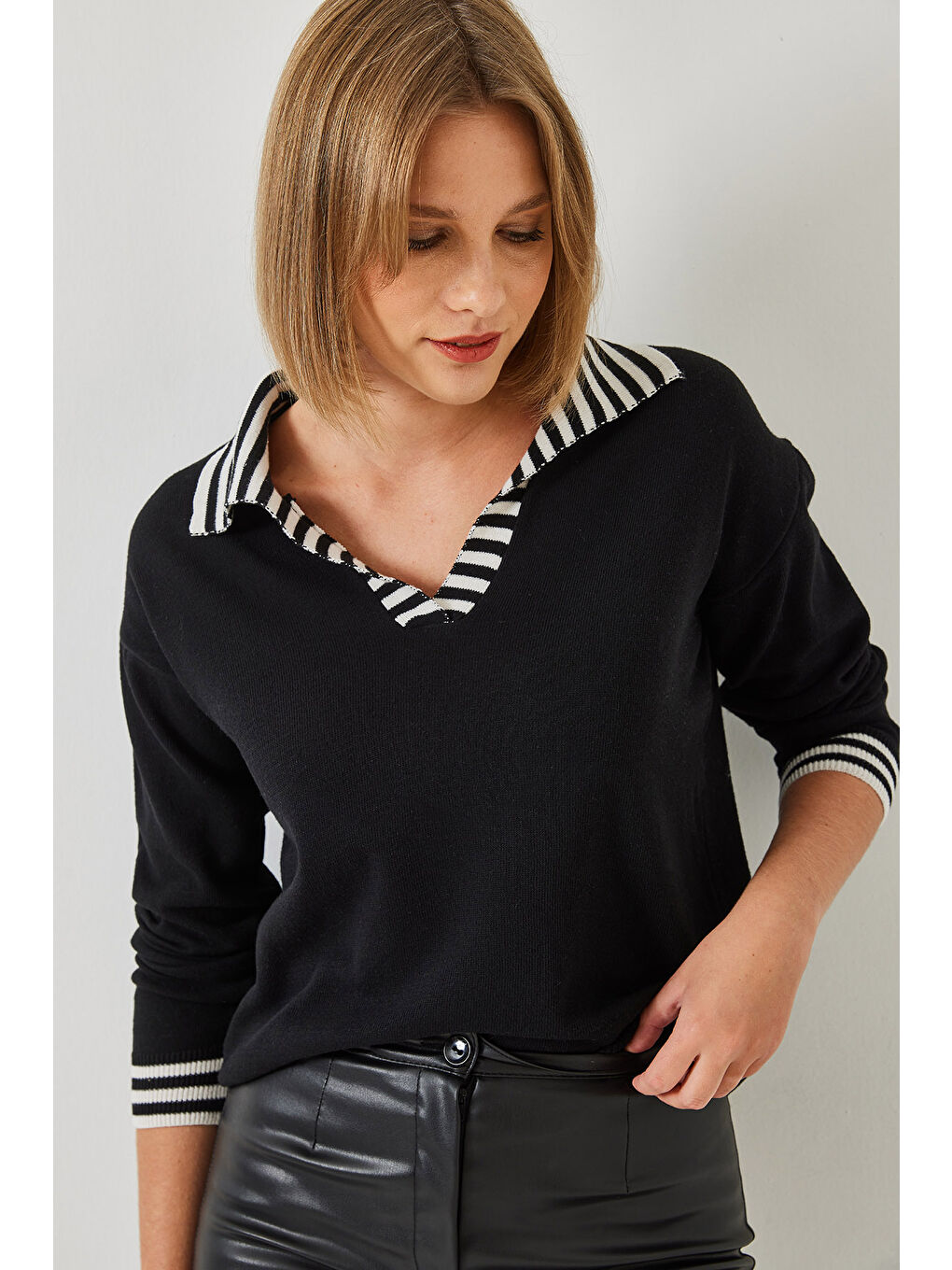 Siyah Kadın Polo Yaka Triko Kazak-5