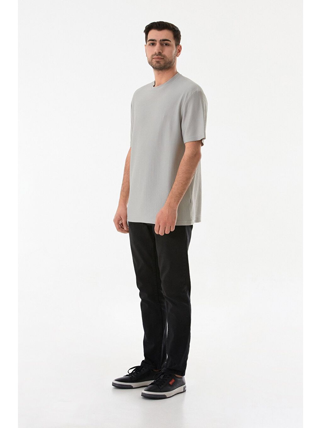 Gri Jakarlı Bisiklet Yaka Tişört-1