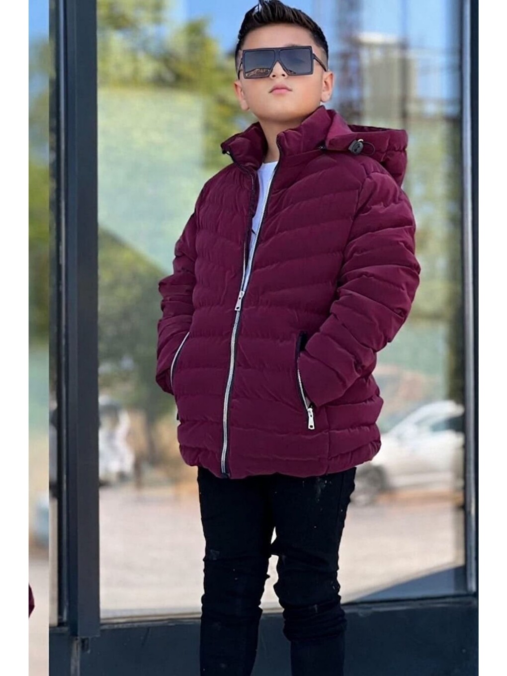Bordo Erkek Çocuk Çıkarılabilir Kapüşonlu Dikişli Nova Kumaş Kışlık Şişme Mont Km4016-2