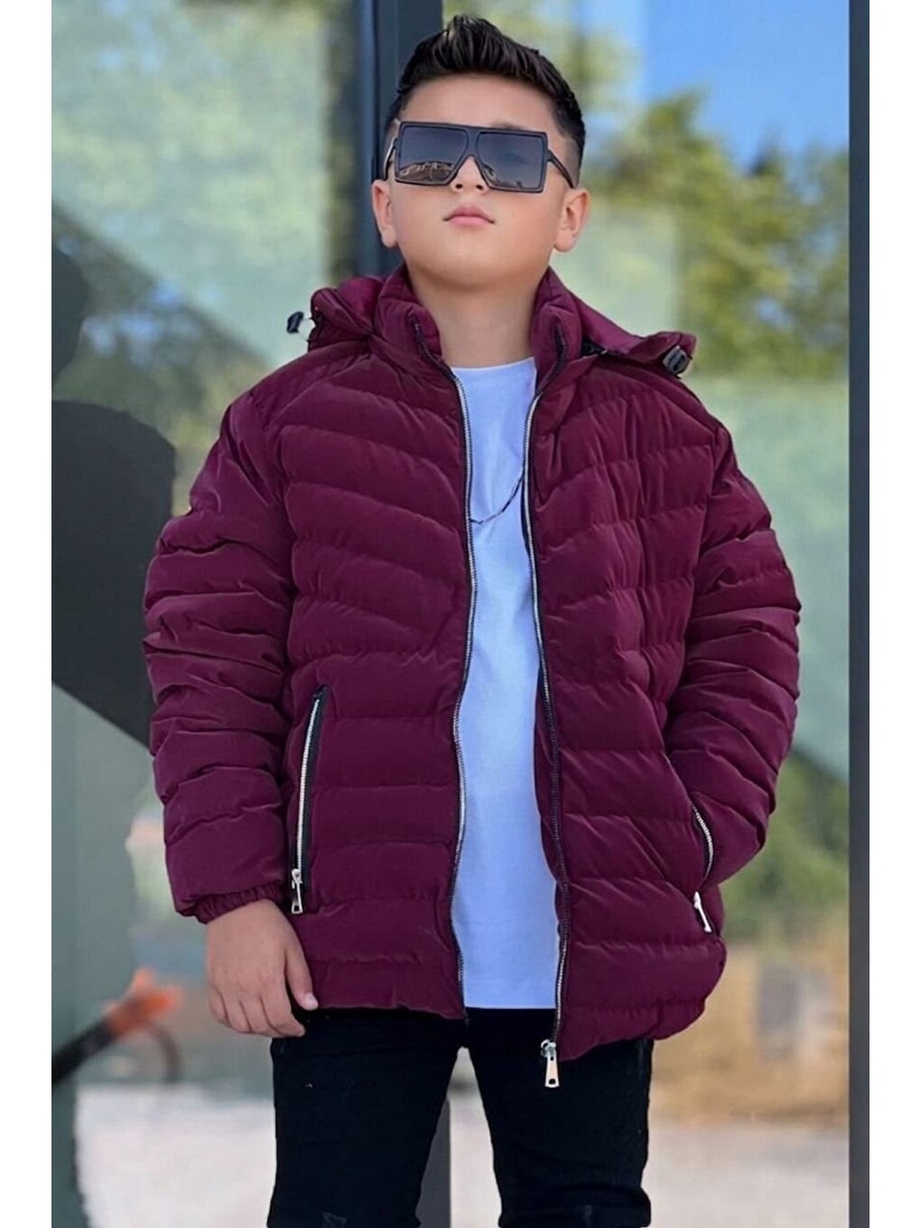 Bordo Erkek Çocuk Çıkarılabilir Kapüşonlu Dikişli Nova Kumaş Kışlık Şişme Mont Km4016-3