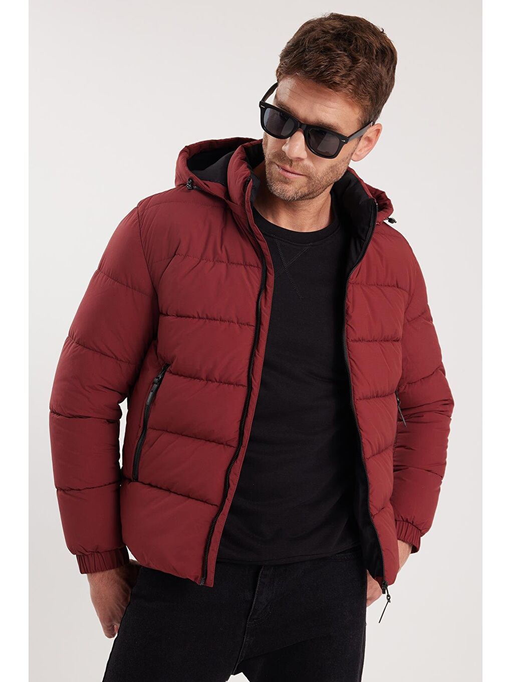 Erkek Relax Fit Rahat Kesim Çift Cepli Çıkarılabilir Kapüşonlu Sıcak Tutan Bordo Şişme Mont-4