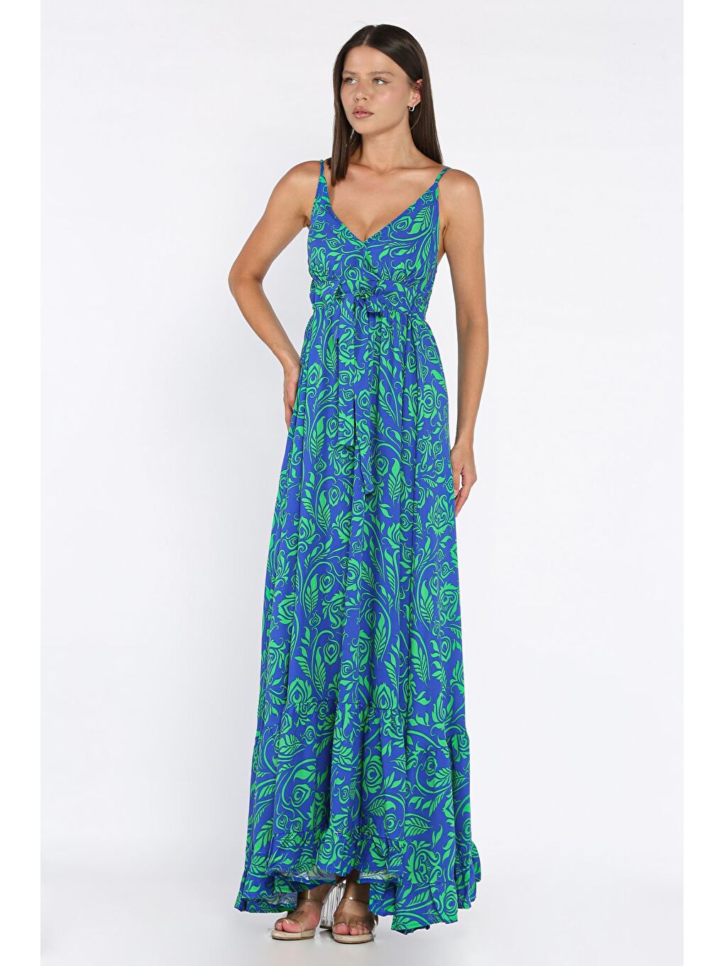 Mavi İp Askılı Bel Bağcıklı Desenli Viskon Elbise-1