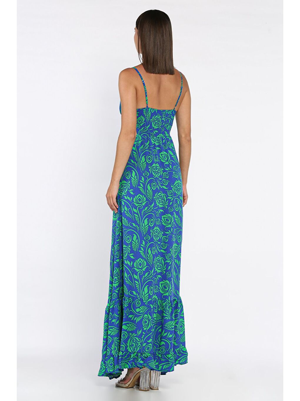 Mavi İp Askılı Bel Bağcıklı Desenli Viskon Elbise-2