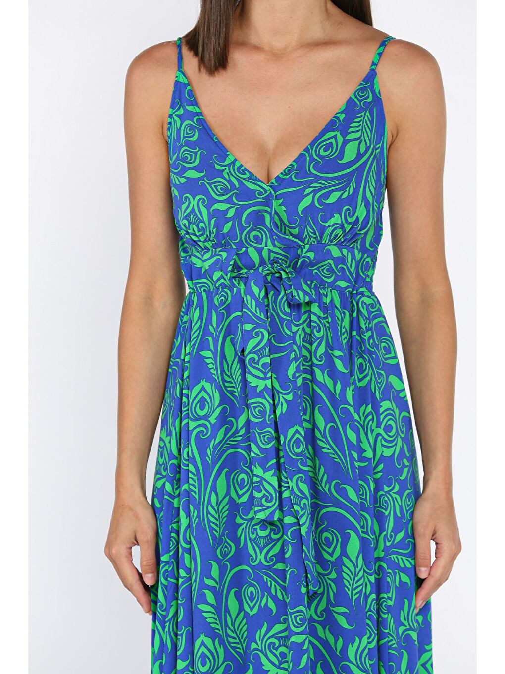 Mavi İp Askılı Bel Bağcıklı Desenli Viskon Elbise-3