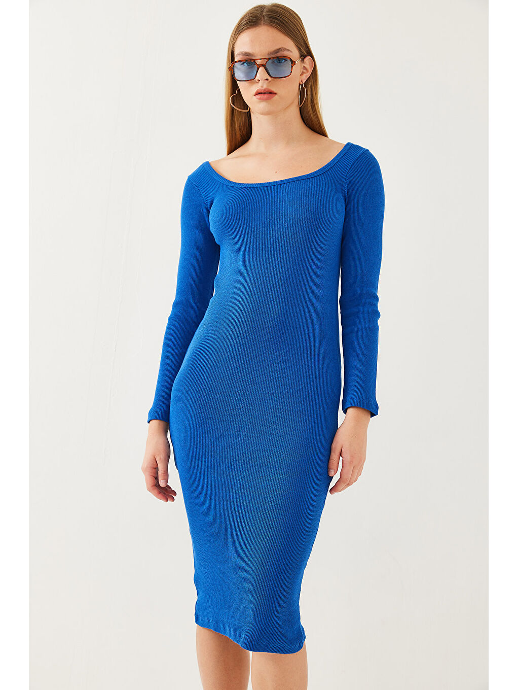 Mavi Kadın Kare Yaka Uzun Kollu Basic Fitilli Elbise-2