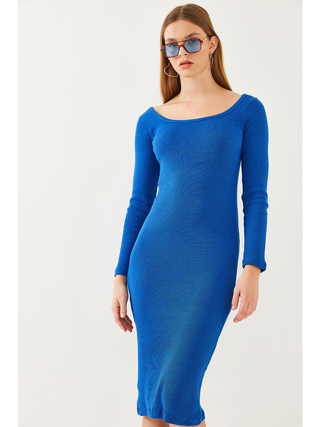 Mavi Kadın Kare Yaka Uzun Kollu Basic Fitilli Elbise-4