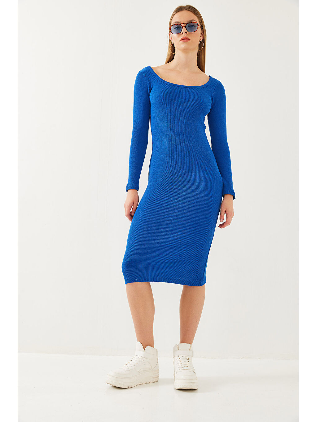 Mavi Kadın Kare Yaka Uzun Kollu Basic Fitilli Elbise-7