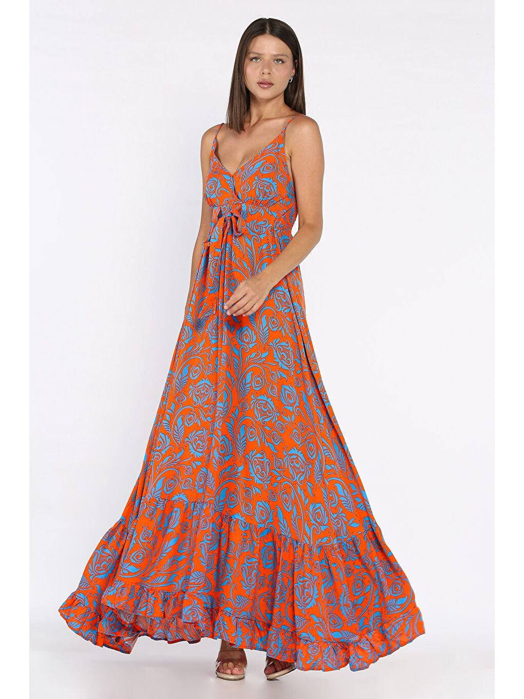 Turuncu İp Askılı Bel Bağcıklı Desenli Viskon Elbise-1