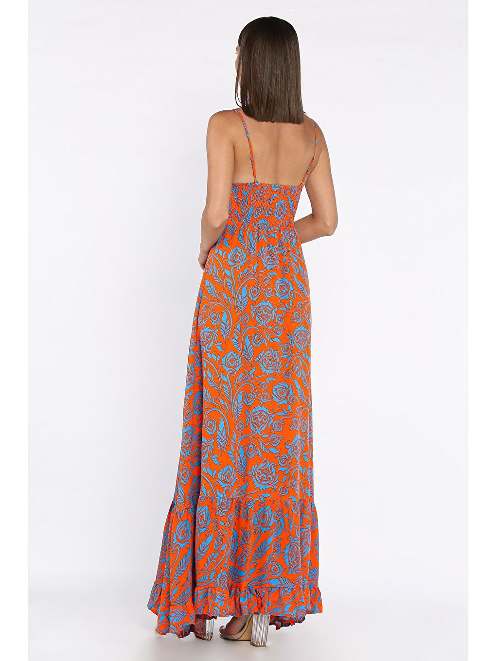 Turuncu İp Askılı Bel Bağcıklı Desenli Viskon Elbise-2