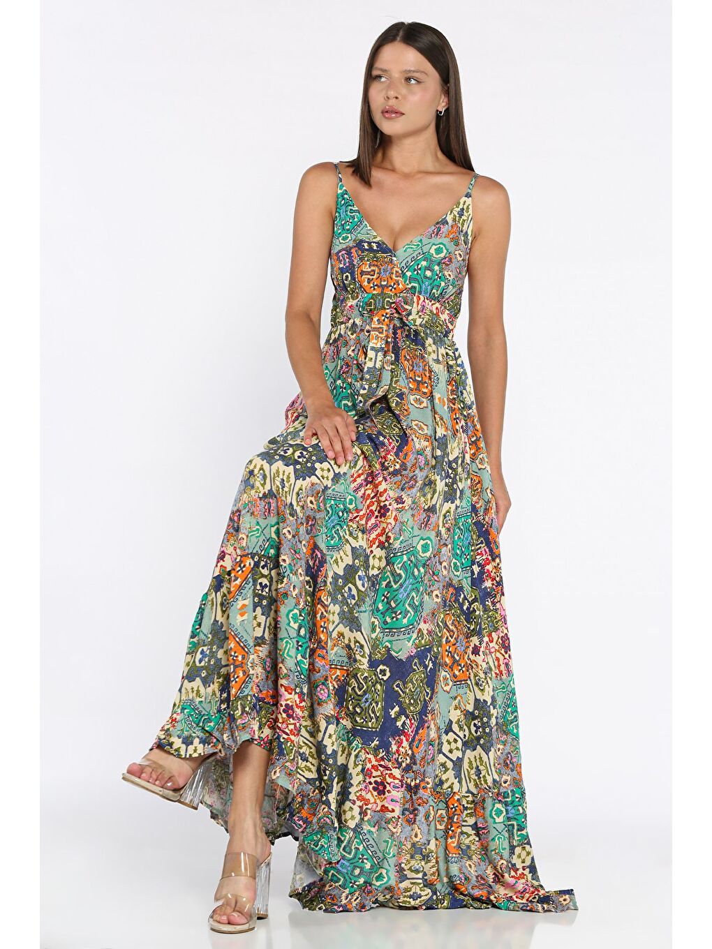 Yeşil İp Askılı Bel Bağcıklı Desenli Viskon Elbise