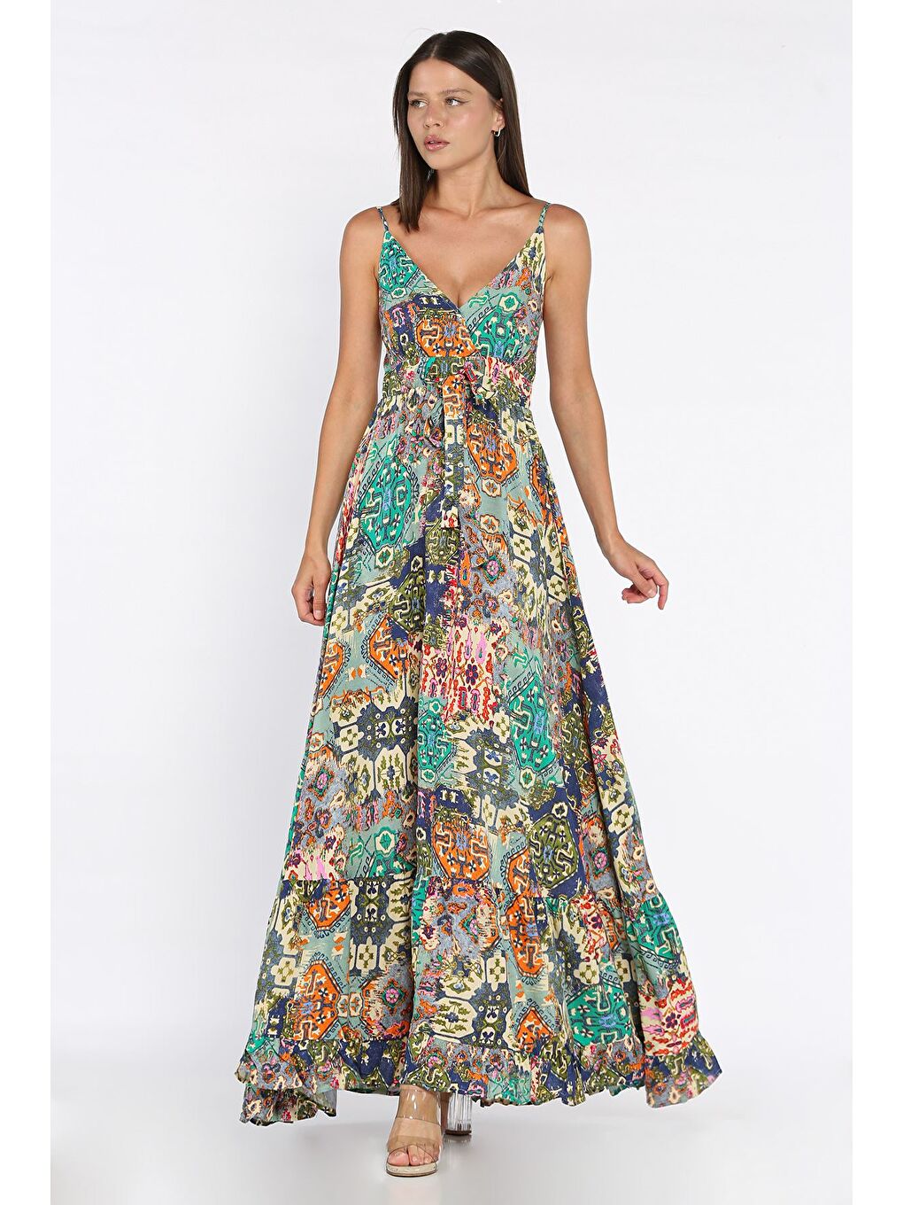 Yeşil İp Askılı Bel Bağcıklı Desenli Viskon Elbise-1