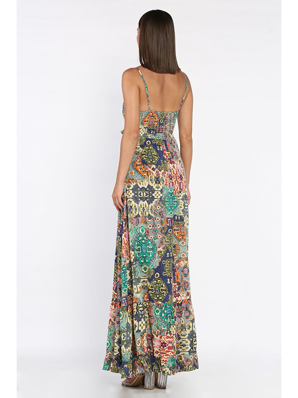 Yeşil İp Askılı Bel Bağcıklı Desenli Viskon Elbise-2