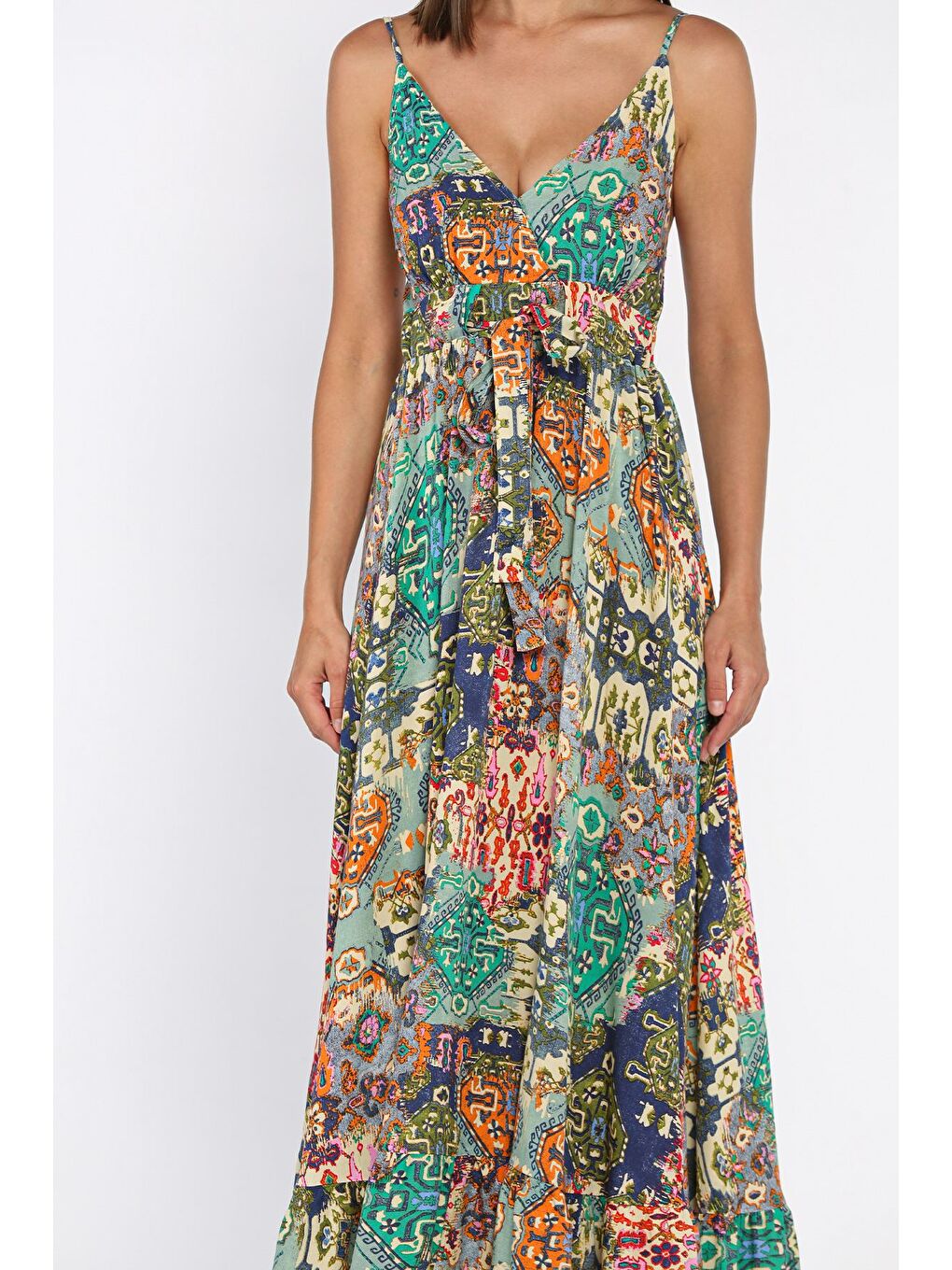 Yeşil İp Askılı Bel Bağcıklı Desenli Viskon Elbise-3