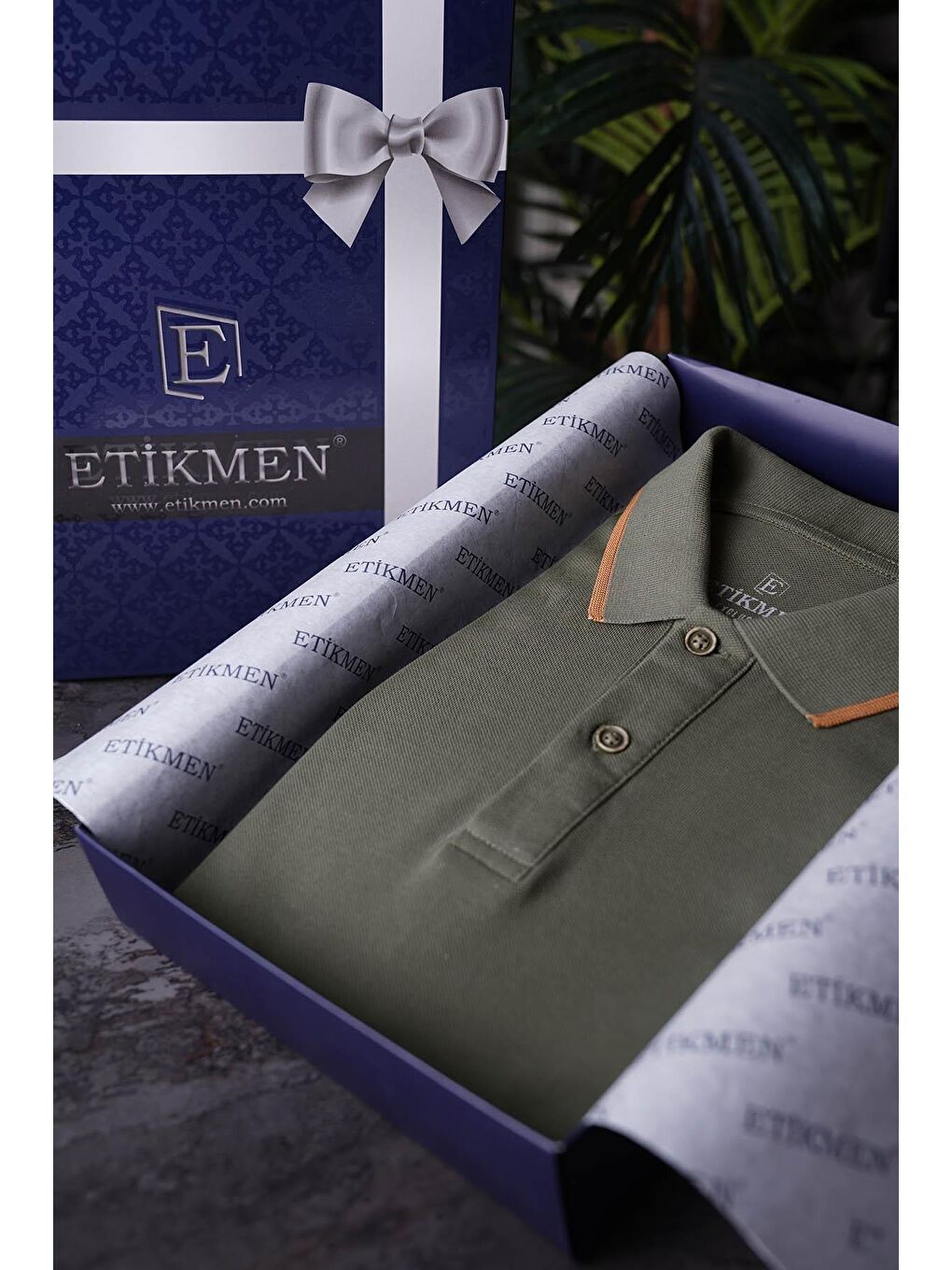 Haki Taba Yaka Çizgili Erkek Polo Yaka %100 Pamuk Tişört-3