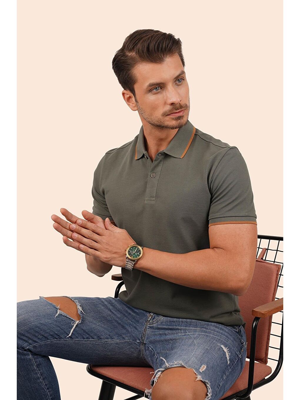 Haki Taba Yaka Çizgili Erkek Polo Yaka %100 Pamuk Tişört-6