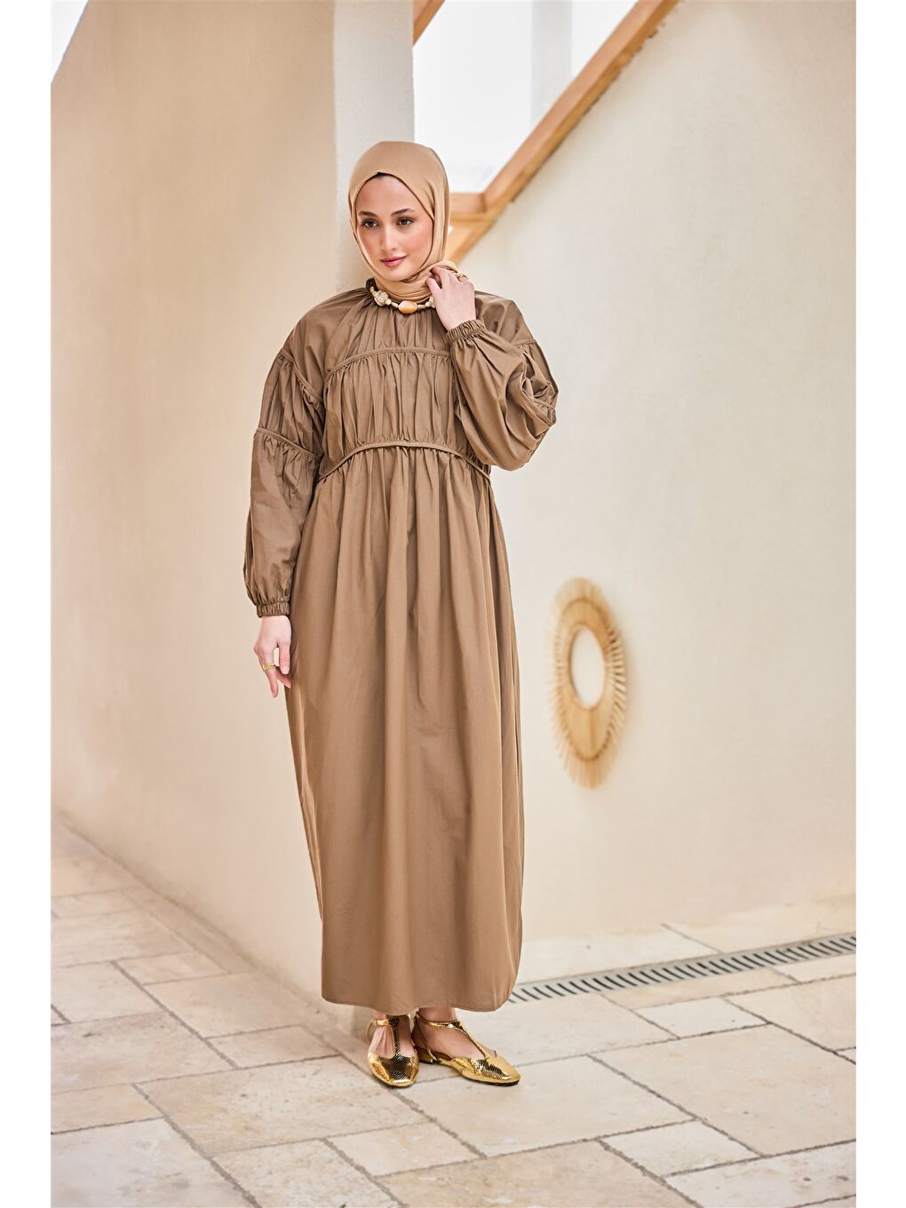 Kadın Biye Detaylı Elbise Kahverengi-1