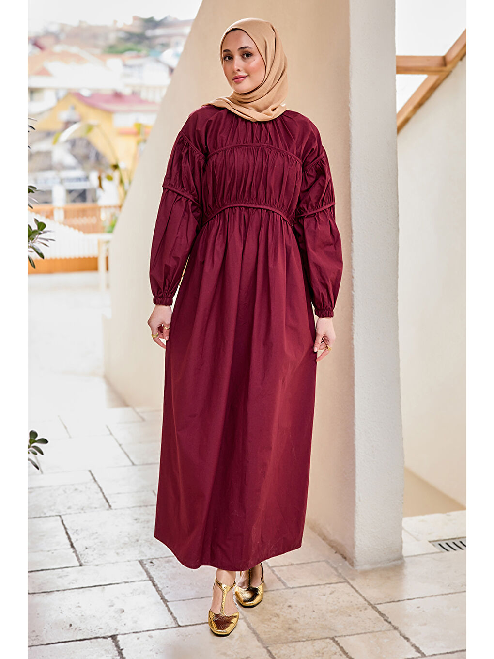 Kadın Biye Detaylı Elbise Bordo-1
