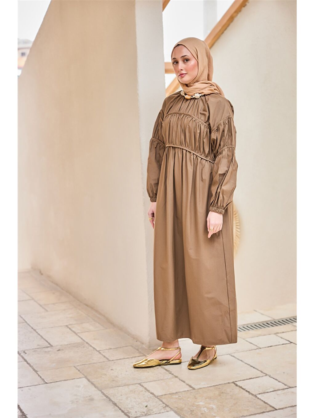 Kadın Biye Detaylı Elbise Kahverengi-2