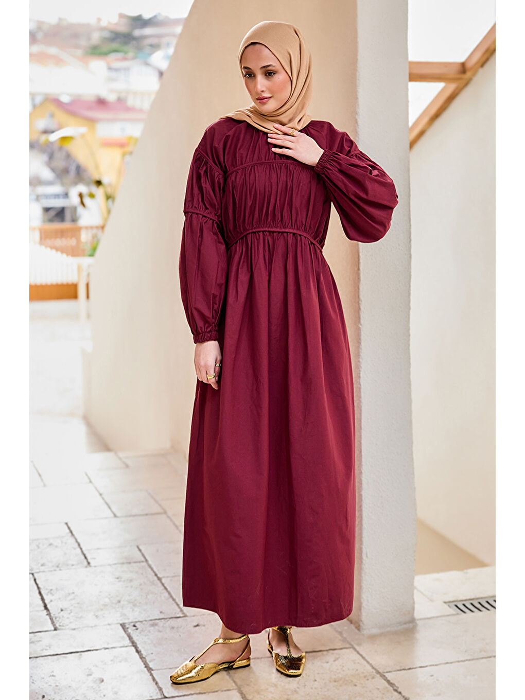 Kadın Biye Detaylı Elbise Bordo-2