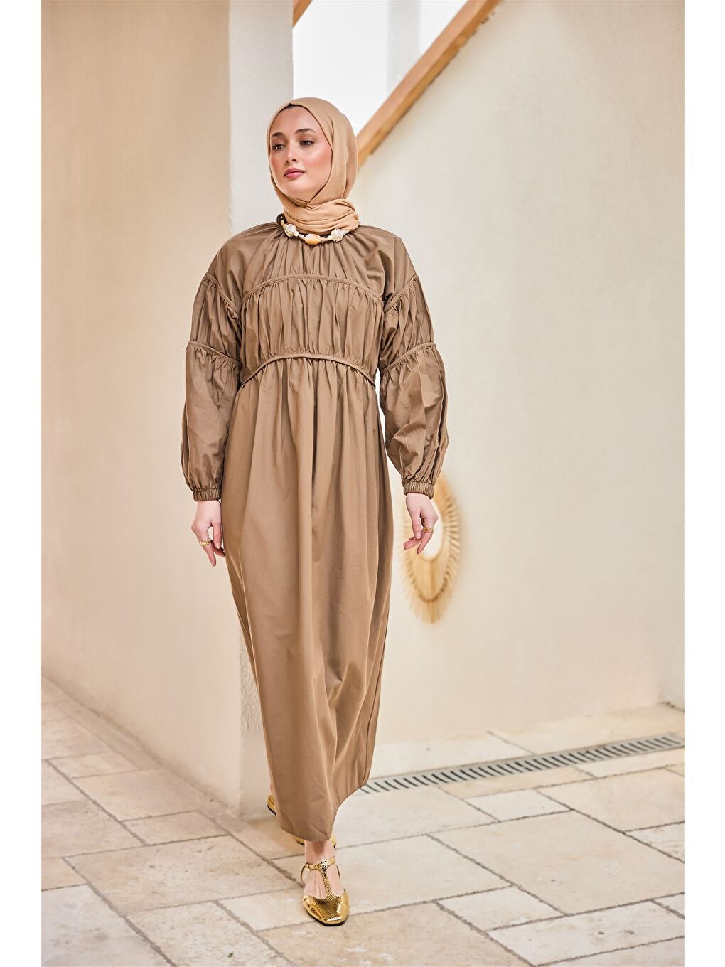 Kadın Biye Detaylı Elbise Kahverengi-3