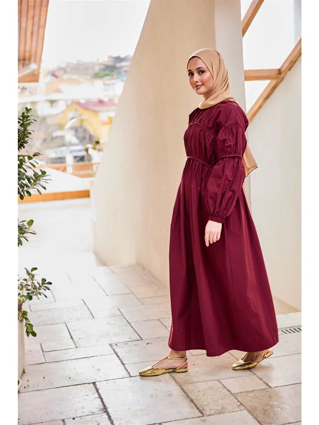 Kadın Biye Detaylı Elbise Bordo-3