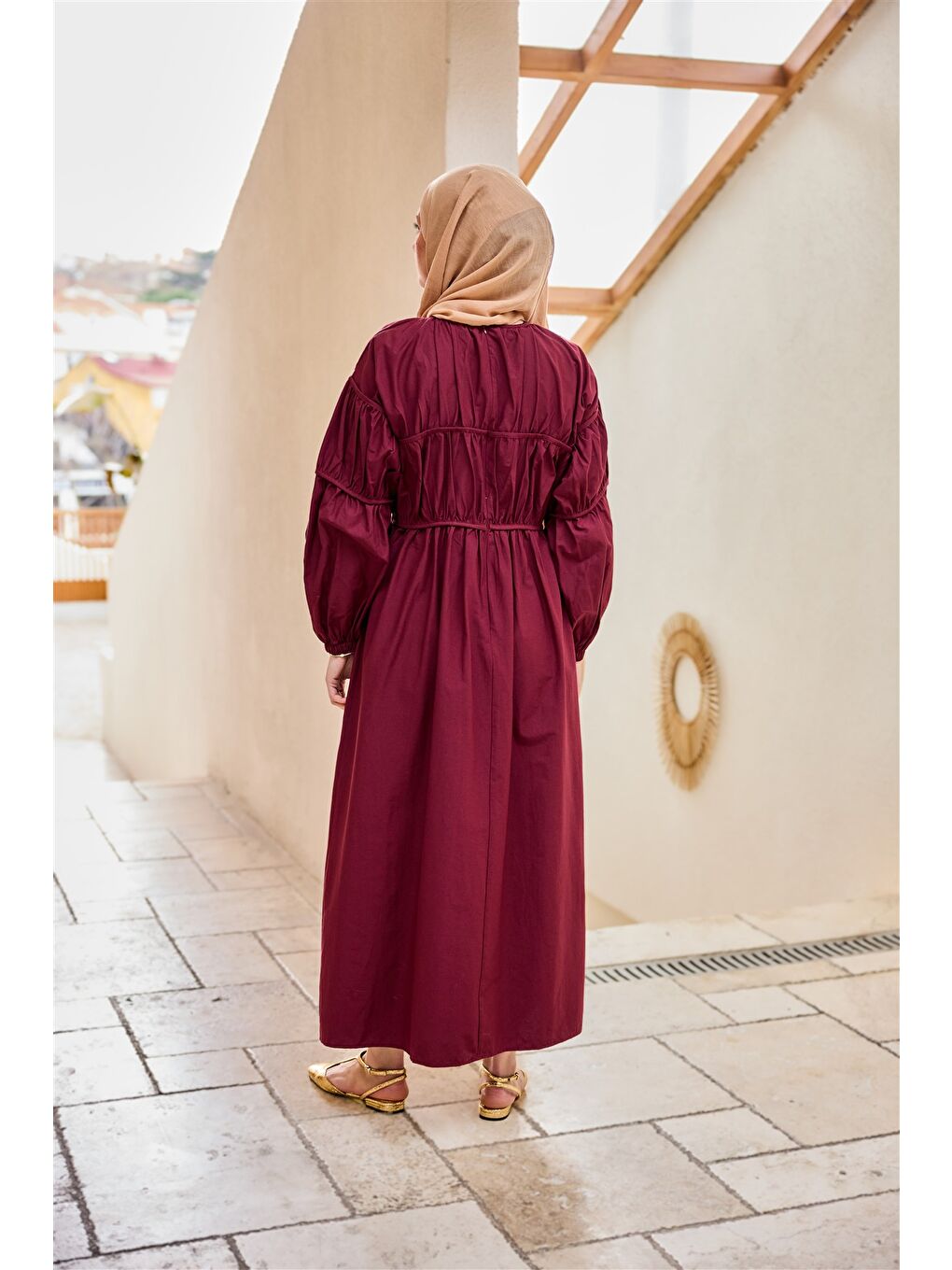 Kadın Biye Detaylı Elbise Bordo-4
