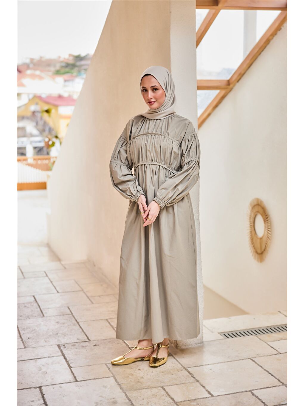 Kadın Biye Detaylı Elbise Küf Yeşil